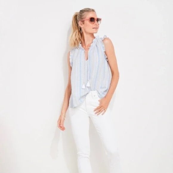 Vineyard Vines Shine Stripe Ruffle Popover Top Linen ruffle sleeve summer beach - Picture 2 of 8